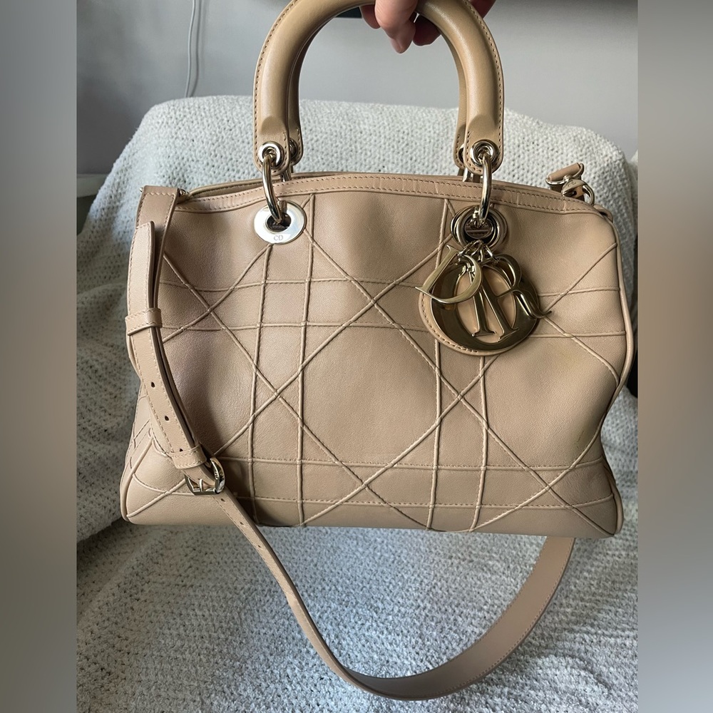 Christian Dior Beige Cannage Quilted Leather Granville Polochon Two Way Bag